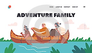 Family Adventure Landing Page Template. Native Indian American Kids Canoeing, Children Rowing in Wooden Canoe Boat