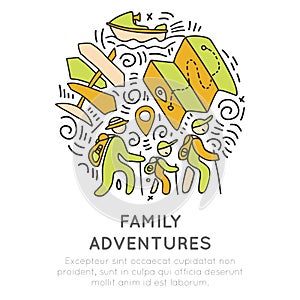 Family adventure and outdoor activities hand draw icon concept. Family travel icons in one round form with decorative