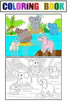 Family of African elephants color book for children cartoon raster. Coloring, black and white