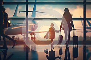 Family at airport travelling with young child and luggage walking to departure gate. Air travel concept. AI Generation