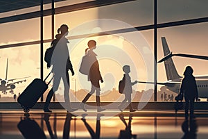 Family at airport travelling with young child and luggage walking to departure gate. Air travel concept. AI Generation