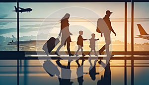 Family at airport travelling with young child & luggage walking to departure gate, girl pointing at airplanes through window,