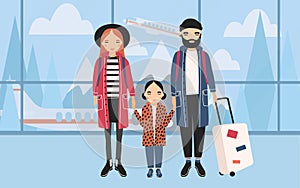 Family at airport. Trendy young couple with baby and luggage. Horizontal banner with mountains and airplane on