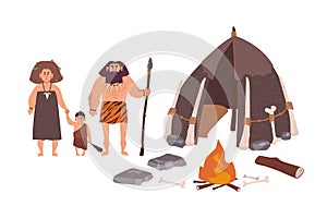 Family of ancient people, cavemen, primitive men or archaic human. Mother, father and son standing beside their dwelling