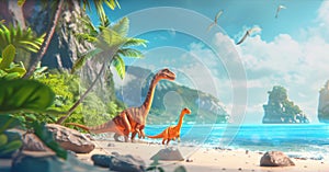 A family of animated dinosaurs exploring a tropical beach, vibrant colors, vacation vibes, 3D rendering