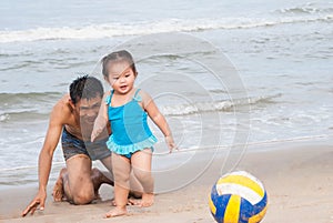 Family.Asian baby girl and father playing football on the beach.