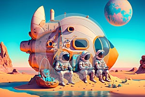 Family Astronauts Tourists Colonizers Vacation Trip on other Planet. Generative AI photo