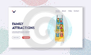 Family Attractions Landing Page Template. Excited Characters Riding Roller Coaster in Amusement Park. Rollercoaster Car