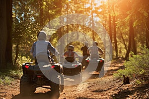 family on atvs following a forest trail together