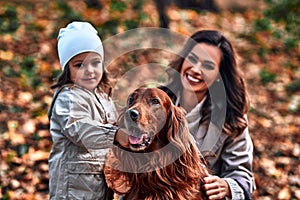 Family in autumn park with dog. A beautiful dog in the foreground looks at the camera. Friendship, love and care for your pet