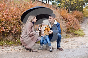 Family autumn in the Park in the rain umbrella