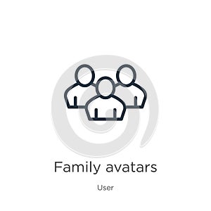 Family avatars icon. Thin linear family avatars outline icon isolated on white background from user collection. Line vector sign,