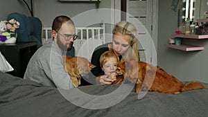 Family with baby and ginger dog and cat on bed,