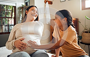 Family, baby and pregnant mother in home with excited, happy and joyful smile of kid touching belly. Indian mom and