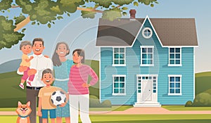 Family on the background of a two story house. Buying or renting a home. Moving to a new house. Father, mother, children and pet