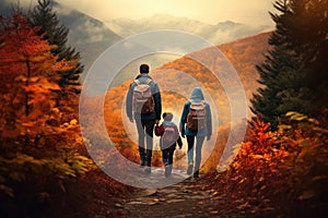 Family with backpacks walking on a path in the autumn forest, Faceless family walking hike through colorful autumn forest, AI