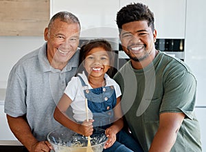 Family baking, food portrait and girl cooking with grandparent and father, happy in the kitchen together and preparing