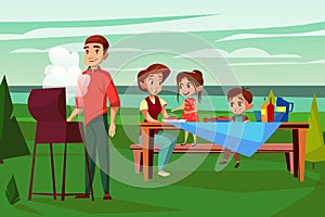 Family barbecue picnic vector cartoon illustration