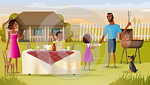 Family Barbeque Party on House Yard Cartoon Vector photo