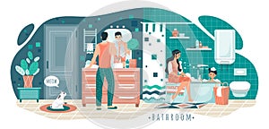 Family in bathroom, morning hygiene routine, people vector illustration