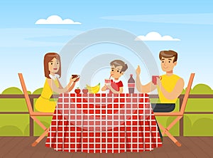 Family on BBQ Picnic Sitting at Table Eating Outdoors Vector Illustration