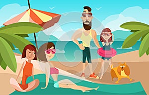 Family on a beach cartoon vector illustration. Summer vacation concept poster in cartoon style. People characters and