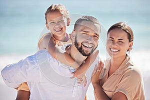 Family beach, child travel and parents happy on holiday by the tropical water on Island in Costa Rica during summer