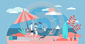 Family at beach vector illustration. Flat tiny summer relax persons concept