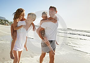Family, beach and walking piggyback of mother, father and carrying kids together outdoor in fun nature. Sea, smile and