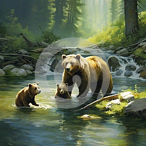 A family of bears fishing in a stream, their fur glistening with water by AI generated