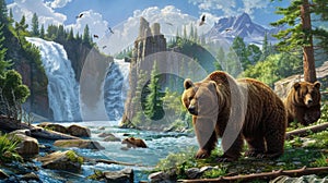 A family of bears roaming through a picturesque landscape dotted with waterfalls and lush greenery demonstrating the