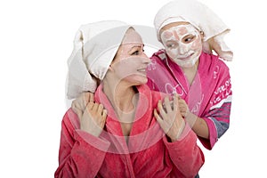 Family beauty treatment in the bathroom. mother