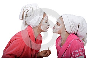 Family beauty treatment in the bathroom. mother