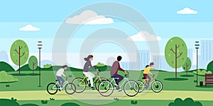 Family on bicycle. Cartoon outdoor bike ride on nature with kids mom and dad, family characters together on active