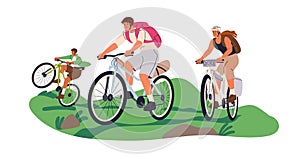 Family bicycle ride, active travel vacation. Mom, dad, child tourists cycling together. Healthy outdoor activity, sport