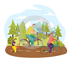 Family at bicycle ride, bike sport at summer road vector illustration. Happy man woman healthy people lifestyle, active