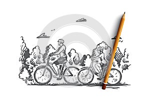 Family, bicycle, sport, happy, lifestyle concept. Hand drawn isolated vector.