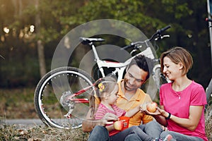 Family with a bicycle in a summer park