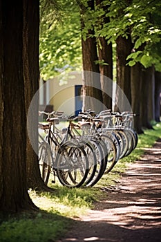 family bicycles parked in a row outdoors