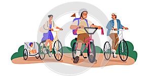 Family bike ride, cycling together. Mom, dad, child, toddler on bicycles. Active summer leisure, healthy outdoor