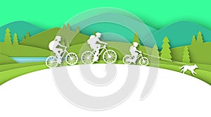 Family bike travel paper cut craft style vector illustration