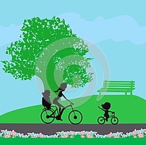 Family bike trip in the park - illustration