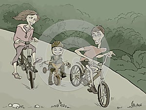 Family on the bikes in the forest