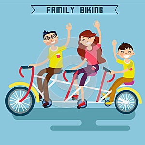 Family Biking. Family Riding a Bicycle. Triple Bicycle