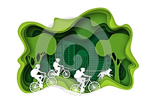 Family biking, vector layered paper cut style illustration