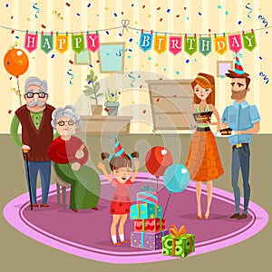 Family Birthday Home Celebration Cartoon Illustration