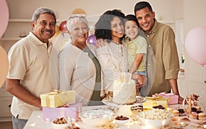 Family, birthday party and generations in portrait, celebration with cake and grandparents, parents and child with smile