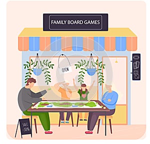 Family board games shop, awning with entertaining acts, people sitting near store playing table game