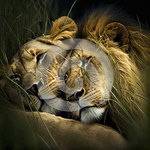 Family Bonding - A Pair of African Lions Cuddling in the Grass