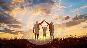 Family Bonding Time During Golden Hour Sunset. Silhouette of Joyful Family Making House Shape with Hands in the Field